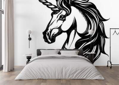 unicorn portrait engraving black and white outline Wall mural