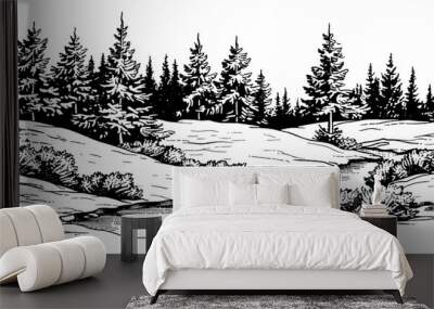 winter landscape engraving black and white outline Wall mural