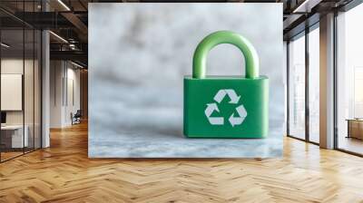 A green padlock with recycle icon, representing the security of sustainable ecosystem technology, space for text Wall mural