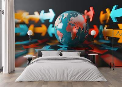 A world globe surrounded by arrows representing investment diversification strategies, portfolio management and asset allocation Wall mural