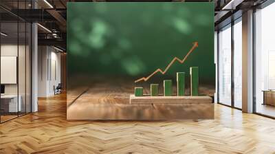 Arrow up and histogram showing profit and income from investment on green minimal background, increase in investment returns or doing business Wall mural