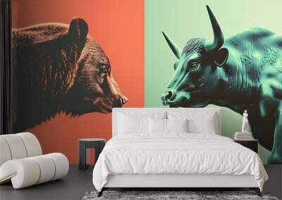 Bear on light red background on the left side and bull on light green background on the right side, bull and bear in stock market concept Wall mural