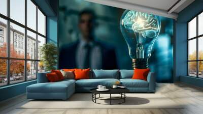 Brain in a light bulb, using thoughts and ideas in work, analysis and planning financial data for doing business and investing Wall mural