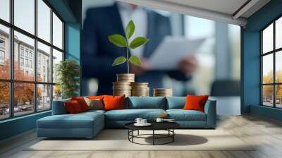 Corporate sustainability reporting and disclosure concept. Coins on a table with a plant growing and businessman with report and document. Wall mural