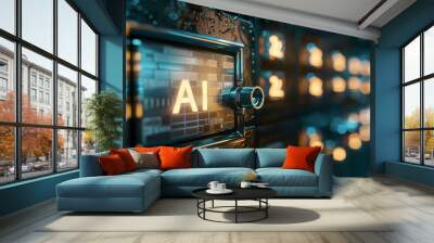 Data collection and security in artificial intelligence technology, safety deposit box with word “AI” Wall mural