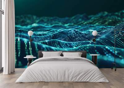 Digital data transfer with binary code flowing across a digital landscape, wallpaper of technology for sending and exchanging information transmission, global network connection Wall mural