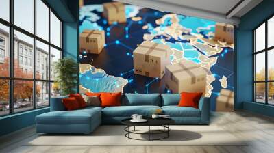 Product delivery that uses technology to help Increase speed and reduce costs to be more efficient, box package on world map, worldwide shipping concept Wall mural