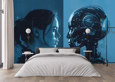 Two part of human and robot, robots that replace and help human work in business, investment, finance and industry, AI technology that has become a part of human life Wall mural