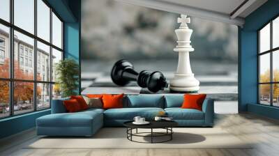 Wallpaper design with a chessboard and a victorious chess piece, symbolizing strategic goal achievement, competition in business and investment Wall mural