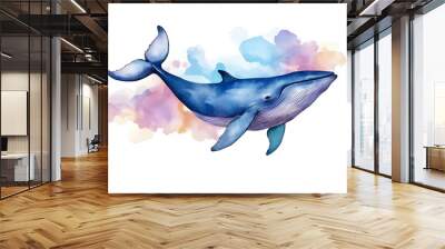 Watercolor painting of a blue whale swimming gracefully in the ocean. Wall mural