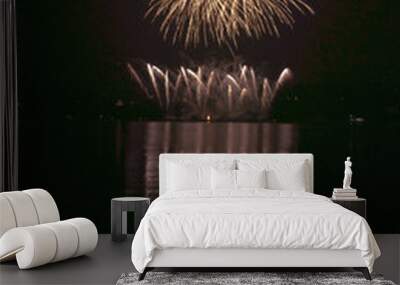 Colorful fireworks on black sky background with water reflection Wall mural