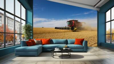 A pair of combine harvesters working on a wheat crop Wall mural