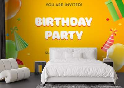 Birthday invitation card template for children party. Colorful frame of cartoon objects: gift boxes, balloons, firecrackers, birthday hats and banting flags on a yellow background. Vector 10 EPS. Wall mural