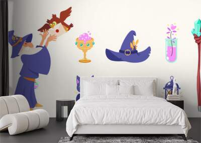 Cartoon magic set. Illustrations of an elderly wizard casting and a magic owl holding a letter in its beak, a magic staff and six magic icons isolated on a white background. Vector 10 EPS. Wall mural