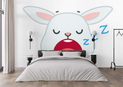 Cute sleepy bunny face. Flat cartoon illustration of a funny little gray rabbit yawning isolated on a white background. Vector 10 EPS. Wall mural