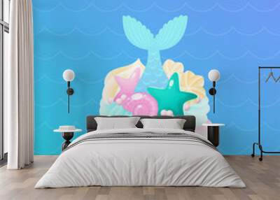 Mermazing Day. Birthday card with mermaid cupcake. Illustrations of a sweet muffin decorated with cream, sea shells, star fish, pearls and mermaid tails. Vector 10 EPS.
 Wall mural