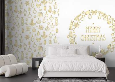 Merry Christmas. Golden wreath and pattern made of Christmas decorations. Can be used as folding greeting card, invitation, booklet or flyer. Vector 8 EPS. Wall mural