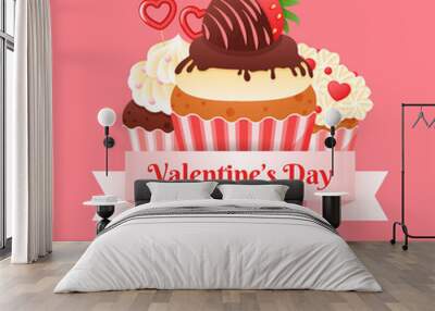 Valentine's day special offer banner template. Illustration of cupcakes decorated with cream and hearts. Vector 10 EPS.
 Wall mural