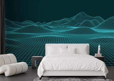 Abstract landscape background. Mesh structure. Polygonal wave wireframe background. 3d rendering Wall mural