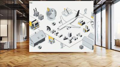 International logistic company worldwide operations with cargo distribution shipment and transportations. Isometric projection Wall mural