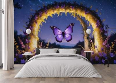 A large purple butterfly with glowing wings in a fantasy archway surrounded by purple flowers and vines Wall mural