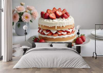 A white layered cake with fresh strawberries on top, surrounded by more strawberry slices on a plate, against a blurred floral background Wall mural