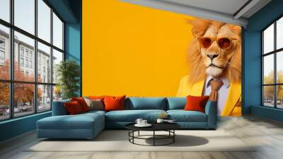 Modern Lion in fashionable trendy outfit with hipster glasses and yellow business suit. Creative animal concept banner. Pastel yellow background banner with copyspace. Wall mural