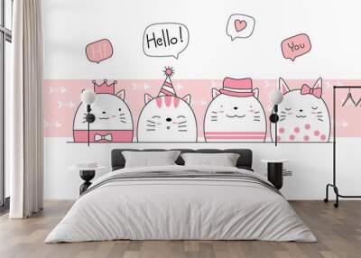 Hand drawn style. Cute cat cartoon doodle pastel wallpaper Wall mural