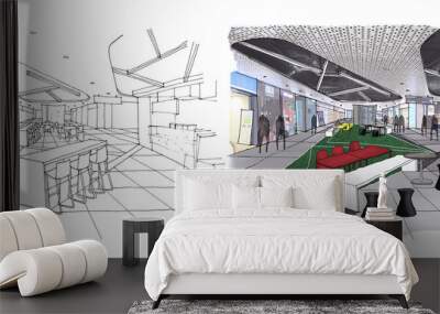 Outline sketch drawing and paint of a interior space, Lounge department store Wall mural