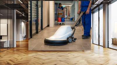 Professional cleaner polish hard floor with high speed machine.Cleaning leady with trolley is in the background Wall mural