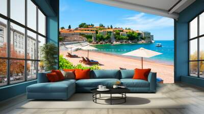 Sveti Stefan island with beautiful beach near Budva, Montenegro. Luxury resort at Adriatic sea. Famous travel destination Wall mural