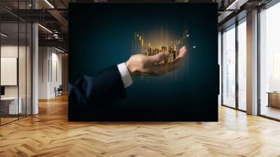 investment and finance concept, businessman holding virtual trading graph and blurred light on hand, stock market, profits and business growth. Wall mural