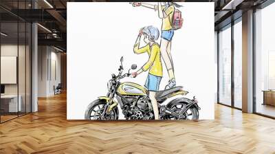 illustration sketch boy and girl riding motorcycle Wall mural