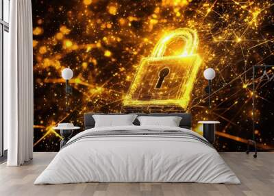 Digital padlock symbolizing cybersecurity and data protection in a futuristic network Wall mural