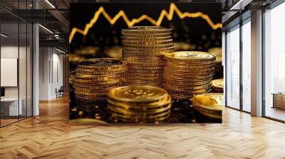 Financial Growth with Stacked Coins and Upward Arrow Trend Chart Wall mural