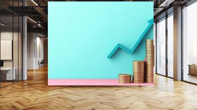 Financial growth with stacked coins and upward arrow trend chart Wall mural