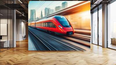 Modern electric trains speeding through vibrant urban cityscape. Wall mural