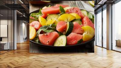 Vibrant Fibrous Vegetable and Low-Glycemic Fruit Salad for Blood Sugar Management, Set on Natural Wood Backdrop Wall mural