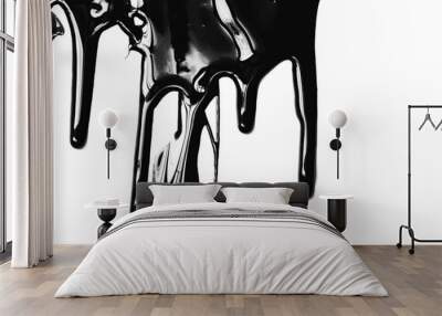 Flows of black glossy paint close-up on white background Wall mural