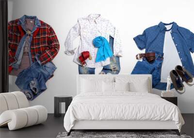 men's and women's casual clothes and accessories. shirt, t-shirt, jeans, shoes isolated on white bac Wall mural