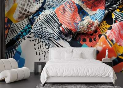 Layered chaotic prints with overlapping designs in vibrant colors Wall mural