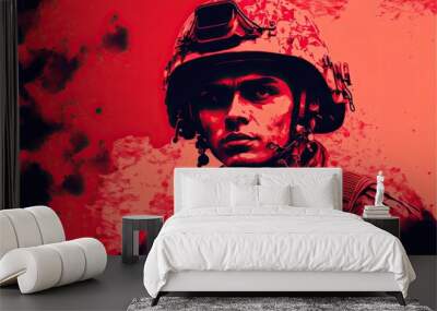 Military man, soldier in combat helmet on red background. AI generative Wall mural