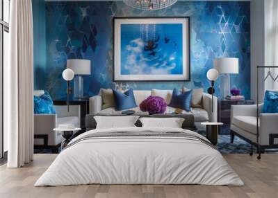 Modern Living Room Interior With Blue Geometric Wallpaper and Artwork Wall mural