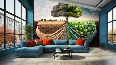 Regenerative agriculture, improving soil health and biodiversity concept with two side fields. AI generative Wall mural