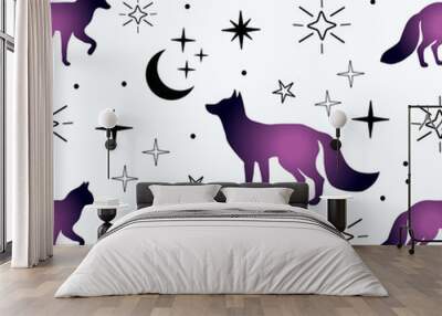 Fox and star silhouette, seamless pattern.Vector mystic magic animal silhouette illustration. Boho fox. Wall mural