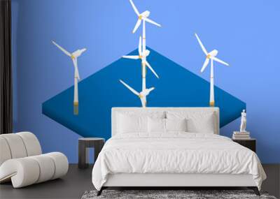 Wind energy park. Wind power station in the sea. Vector isometric illustration Wall mural