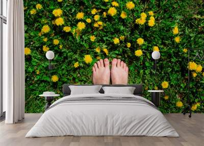 Bare woman's feet on the grass with yellow dandelions Wall mural