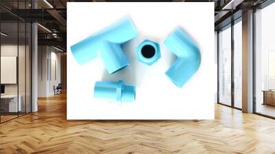 Blue pvc plastic of water pipe fitting  isolated on white background. Wall mural