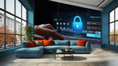 Cyber security and Security password login online concept Hands typing and entering username and password of social media, log in with smartphone to an online bank account, data protection hacker Wall mural