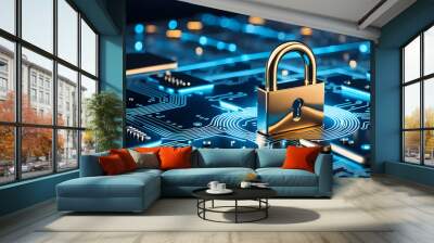 cybersecurity service concept of motherboard and safety authentication network or AI regulation laws with login and connecting. Wall mural